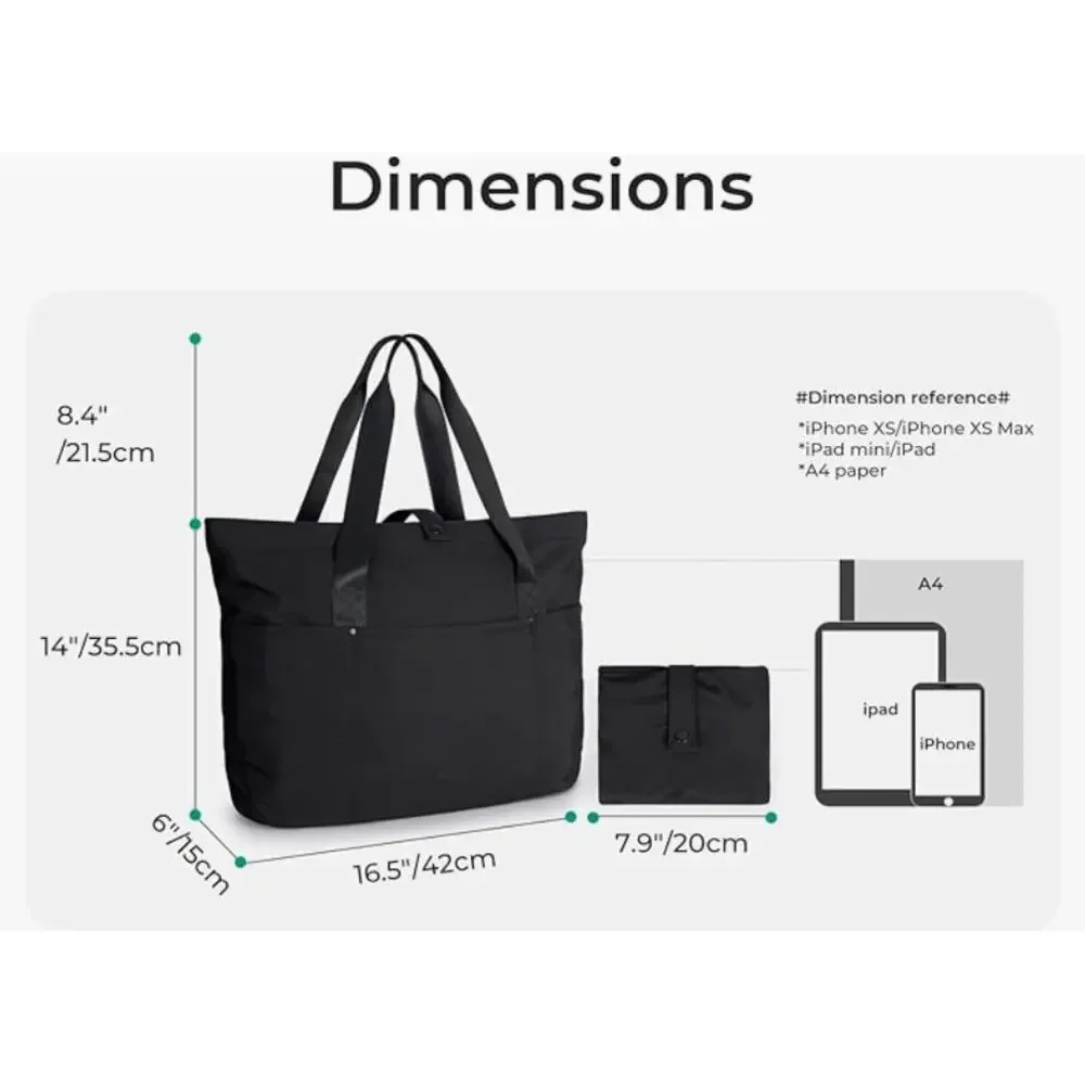 Foldable Tote Bag With Zipper, Travel Shoulder Bag, Handbag for Work- Black
